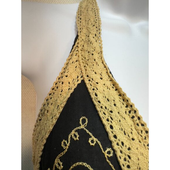 Womens Semi Sheer Halter Dress Black Gold Flowy Embroidered Boho Open Back Beach - Picture 5 of 9
